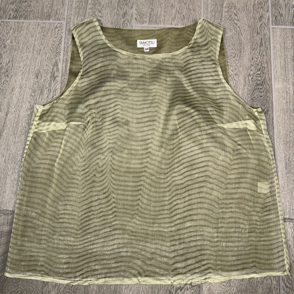 TAMOTSU New York Blouse Women 16W Sage‎ Sheer Wavy Pattern Sleeveless Silk Blend